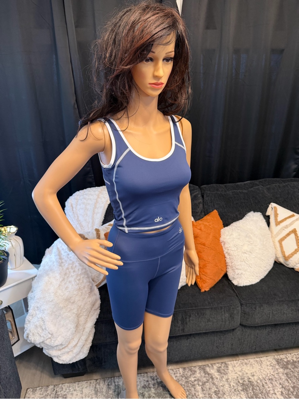 ALO Yoga Navy and White Tank & Bike Short Set - Picture 3 of 9